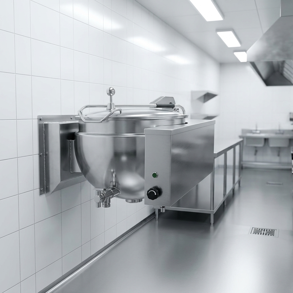 This wall-console mounted steam kettle efficiently optimizes kitchen space, freeing up valuable floor area.