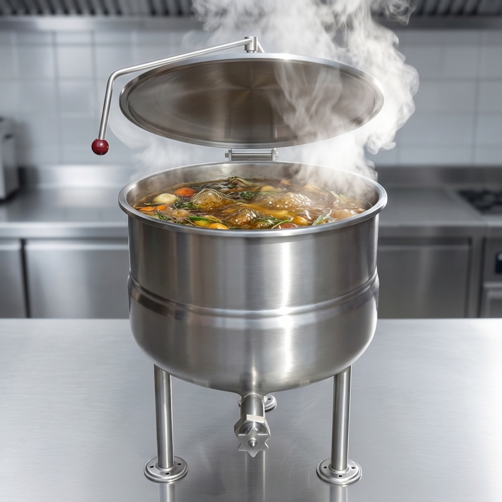 Experience fast and consistent heating with direct steam technology, as shown by the continuous steam rising from this 80-gallon kettle.