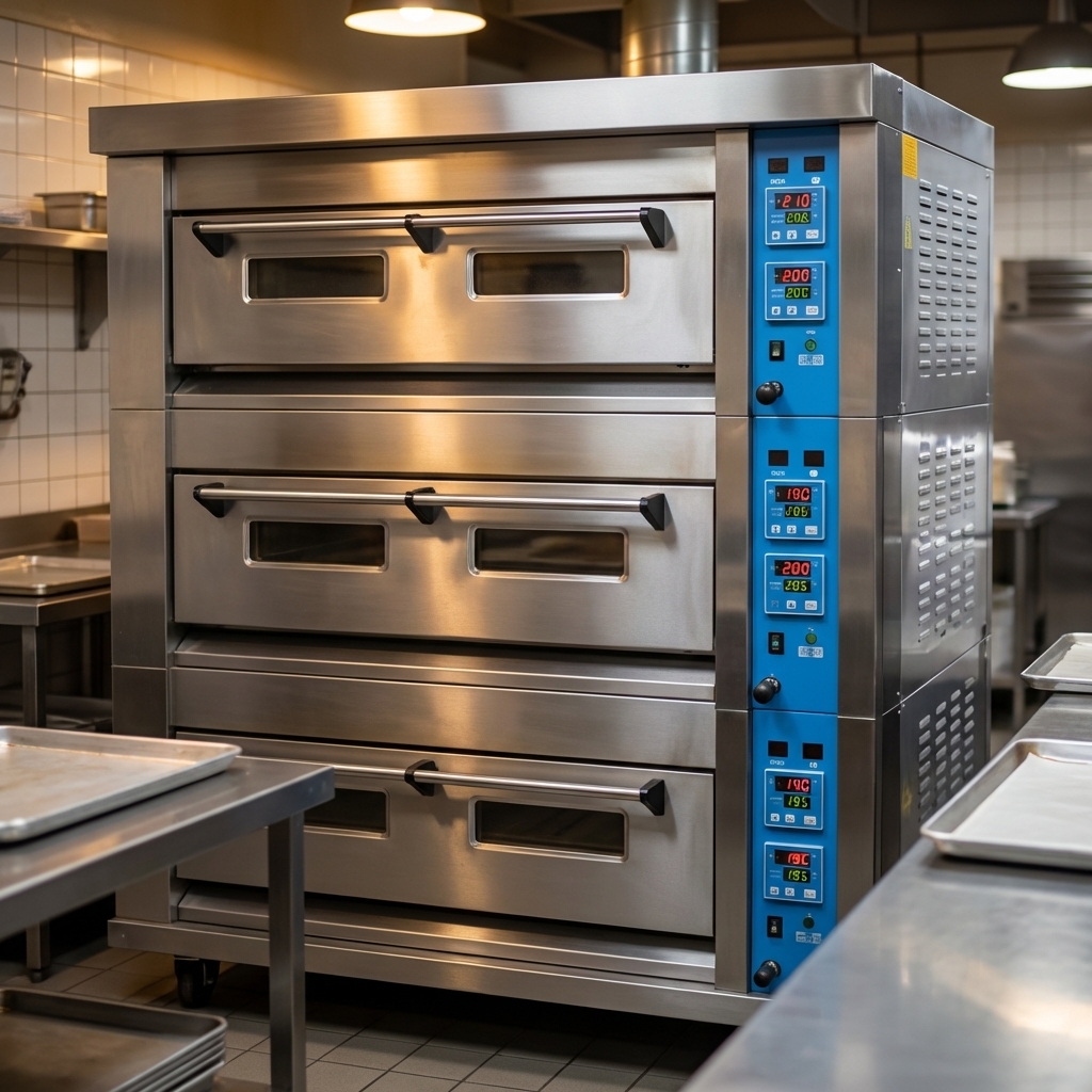 A professional gas deck oven with digital controls for precise top and bottom heat management in Celsius or Fahrenheit.