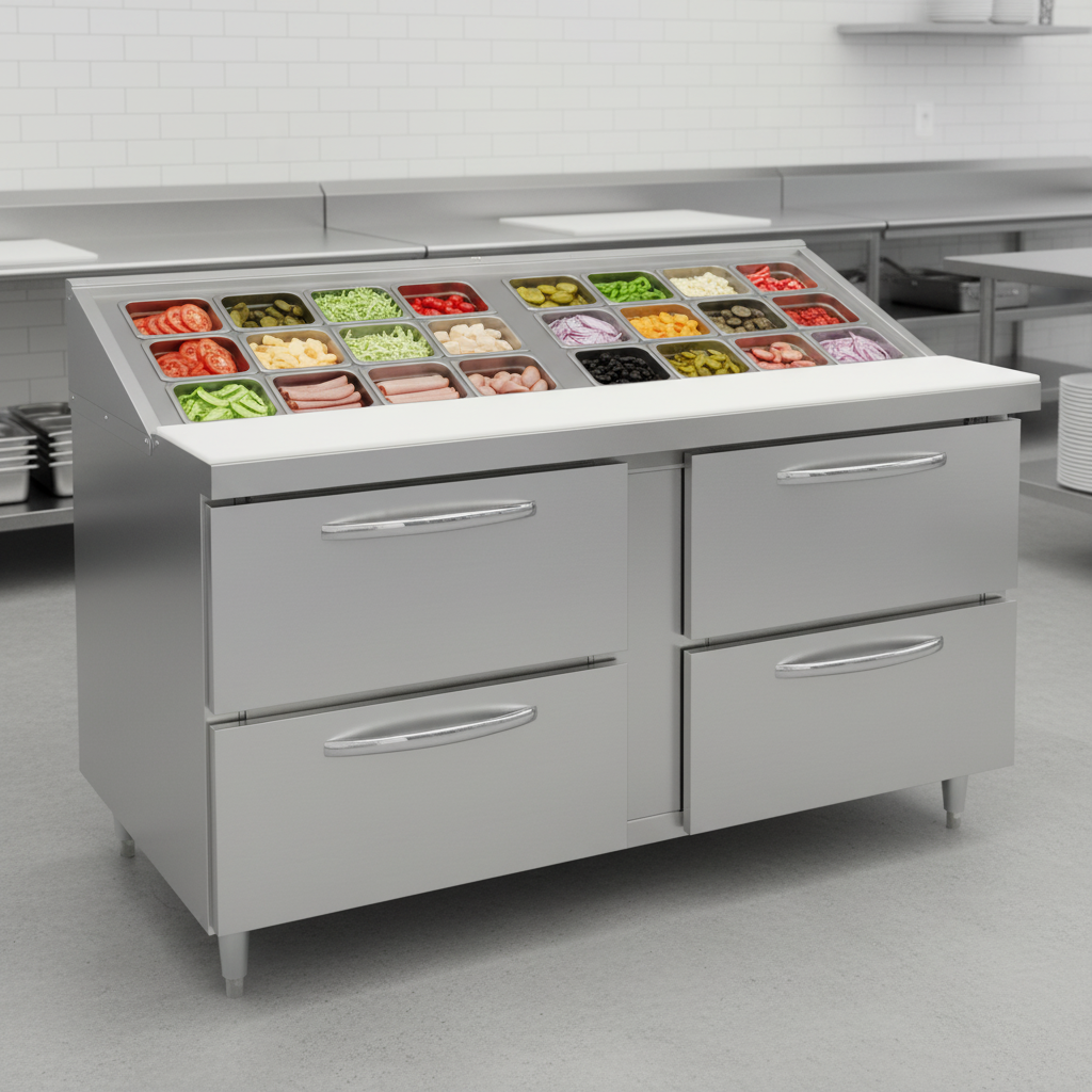 Experience peak efficiency with the Mighty Top design, offering 24 ingredient pans and an integrated 8-inch cutting board for a streamlined prep area.