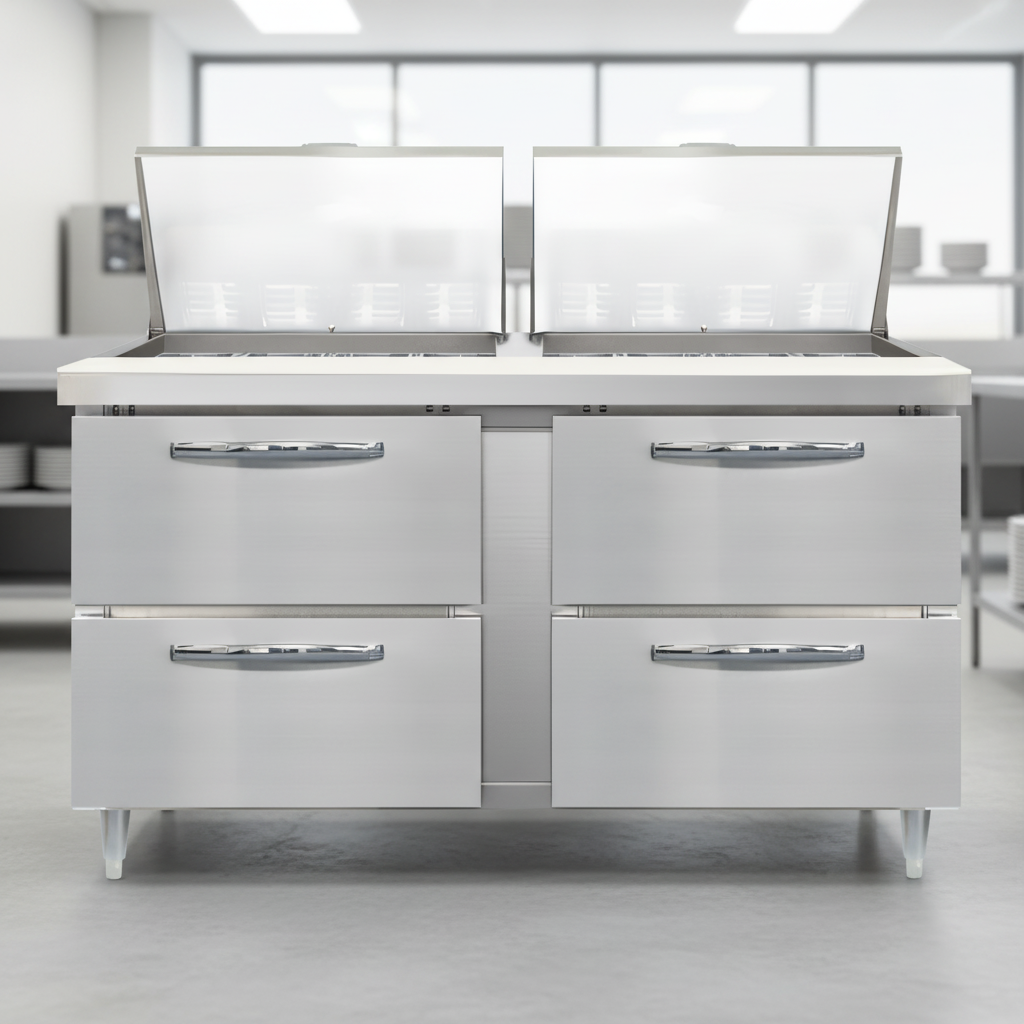 This image highlights the exceptional durability and sleek, sanitary design of the sandwich prep table, crafted with high-quality stainless steel.