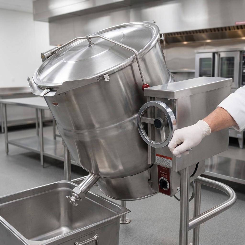 Experience safe and effortless pouring with the sturdy self-locking crank tilt mechanism on this 30-gallon electric kettle.