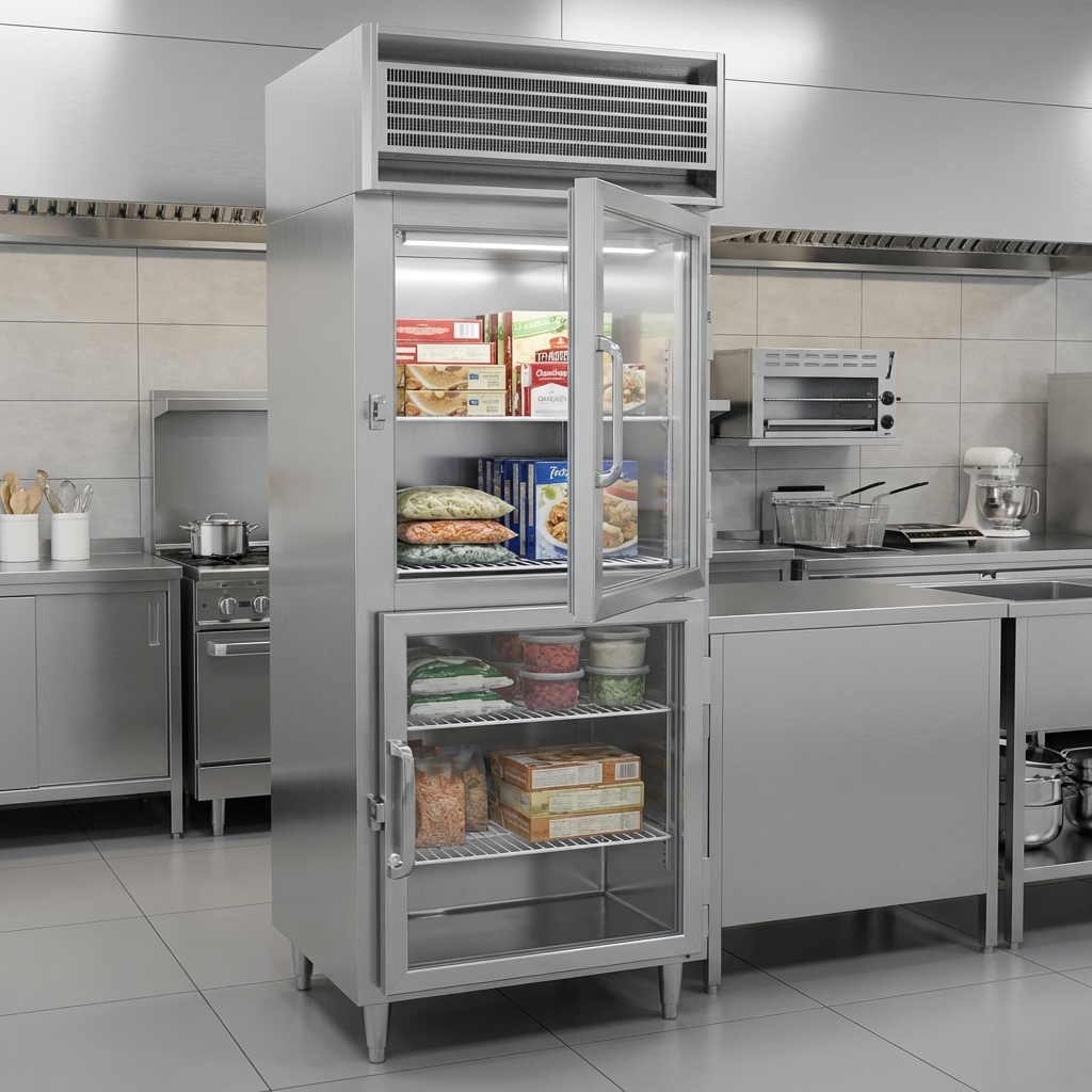 This sleek reach-in freezer features a top-mounted, self-contained refrigeration system for maximized interior space and simplified maintenance.
