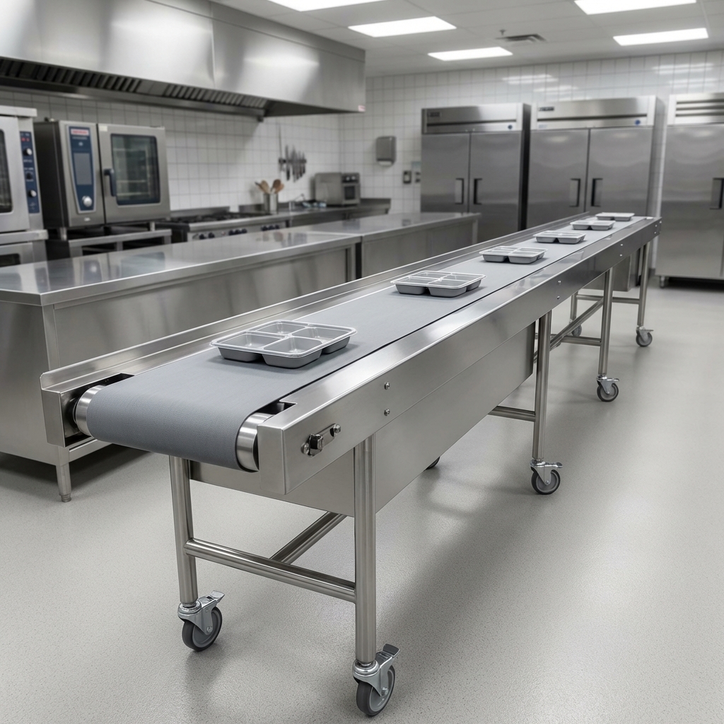 Experience efficient tray make-up with the durable fabric belt conveyor design built for high-volume operations.
