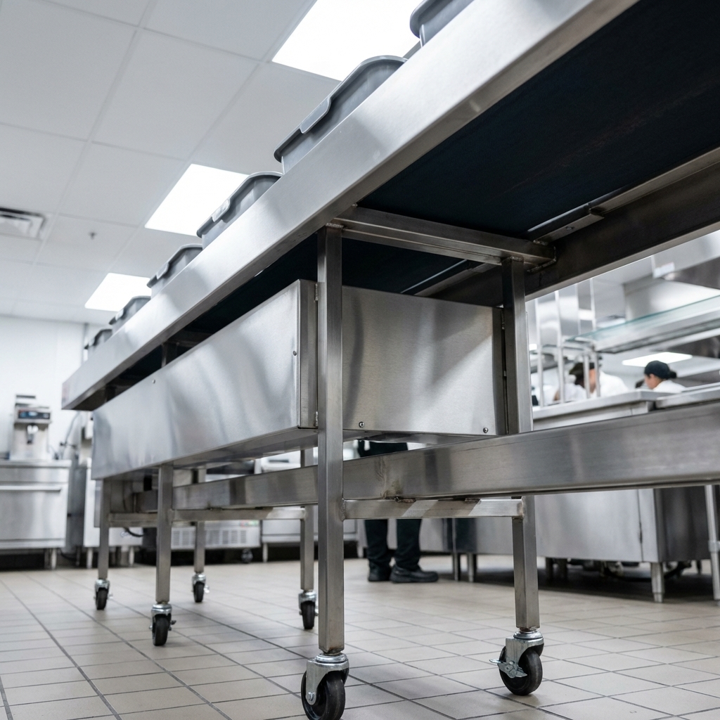 Experience the exceptional durability of this conveyor's heavy-duty stainless steel construction, engineered for robust performance in any commercial setting.