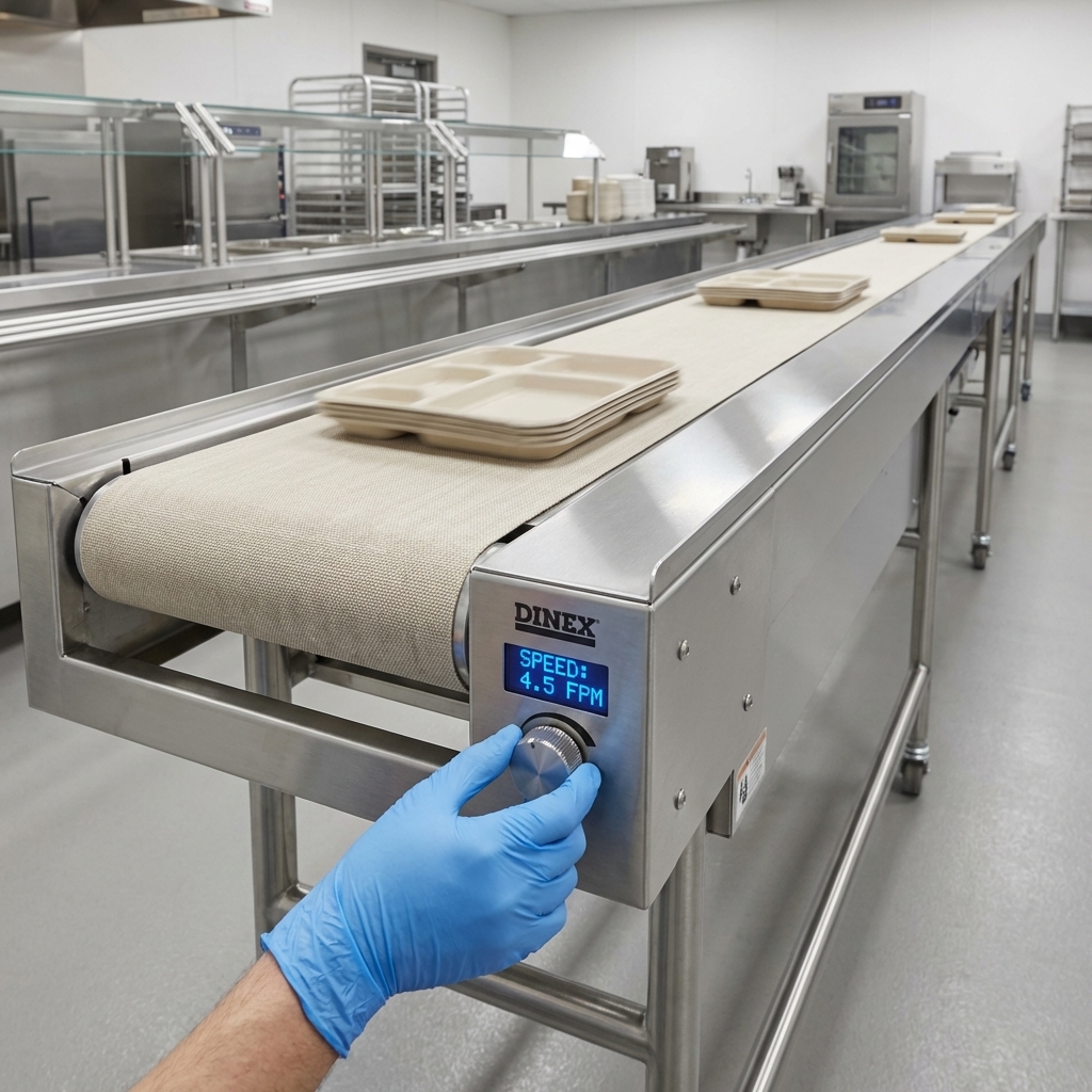 Effortlessly adjust the belt speed from 0 to 40 FPM with the precise variable speed control on this 20-foot fabric tray make-up conveyor.