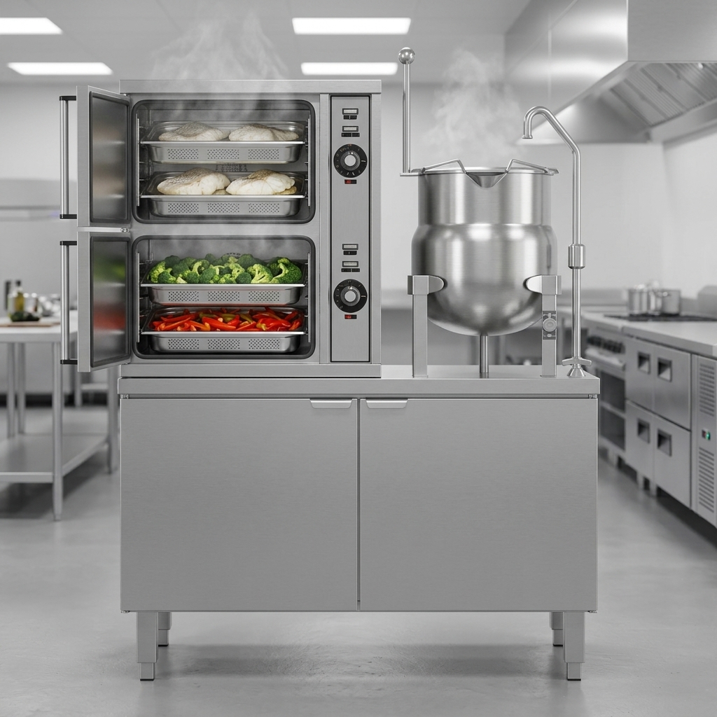 This image showcases the steamer's dual compartments, perfect for simultaneously cooking different food items in a high-volume commercial kitchen.