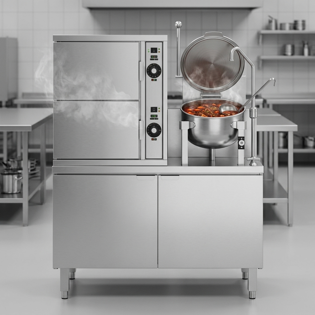 Experience ultimate kitchen versatility with this electric convection steamer, featuring a prominently integrated 6-gallon kettle perfect for large-batch sauces and soups.