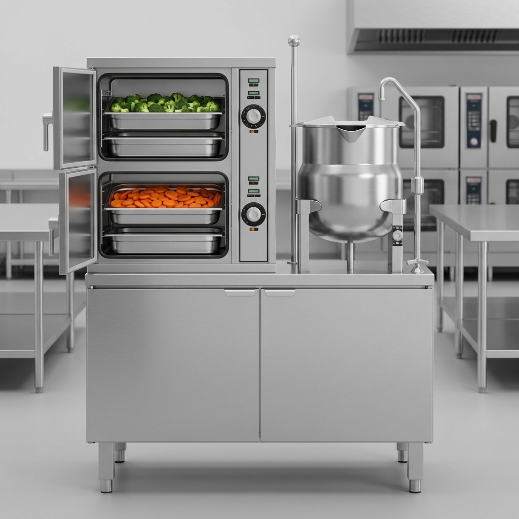 Showcasing its exceptional pan capacity, this two-compartment electric convection steamer easily accommodates multiple full-size steam table pans for busy kitchen demands.