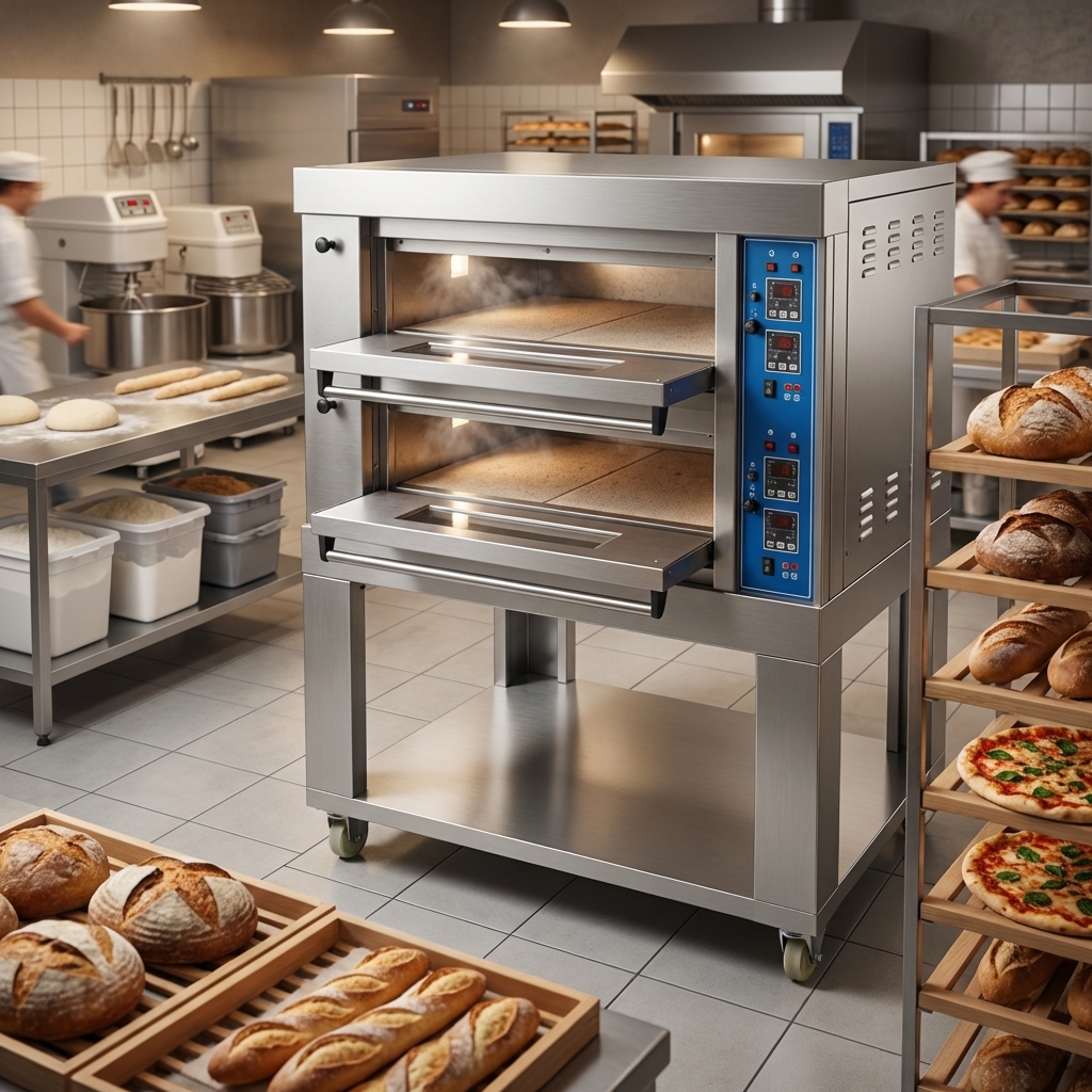 Two stacked baking decks maximize output for high-volume bakery production.