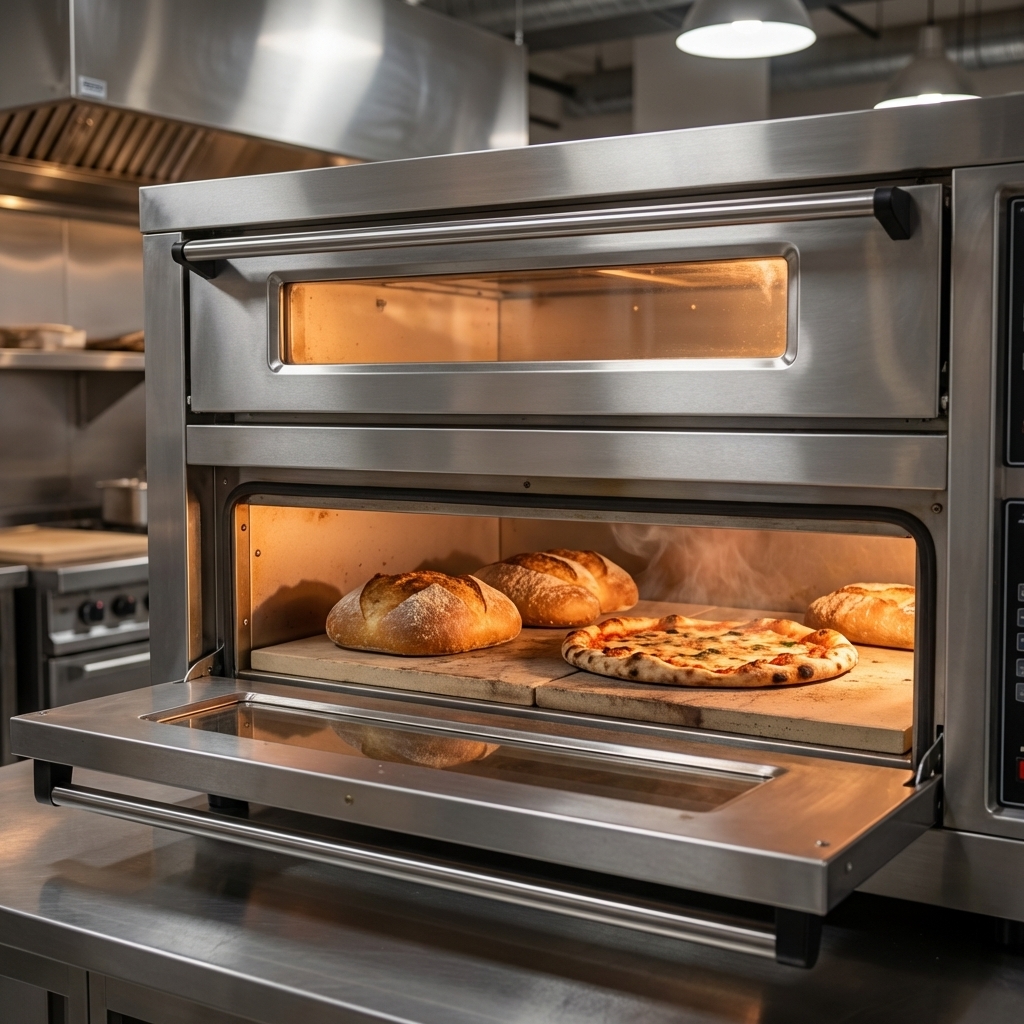 Ceramic stone hearths deliver even heat for crisp, artisan-quality baking.