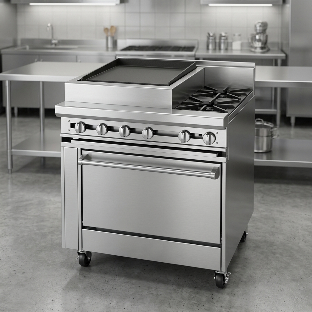 Built for enduring performance, this heavy-duty gas range features an all-stainless steel exterior, front, sides, stub back, and tray bed, ensuring exceptional durability in any commercial kitchen.
