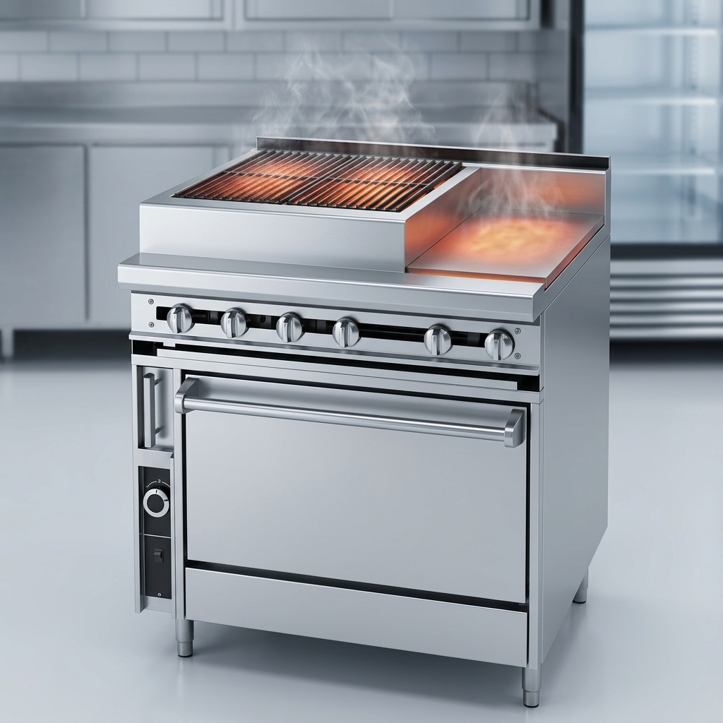 Experience diverse culinary possibilities with this range's versatile cooking surface, featuring both a 24-inch charbroiler and a 12-inch hot top.