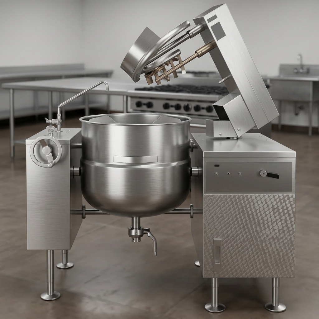 Witness the exceptional durability and hygienic design of this 40-gallon tilting mixer kettle, expertly crafted with heavy-duty stainless steel construction for rigorous commercial use.