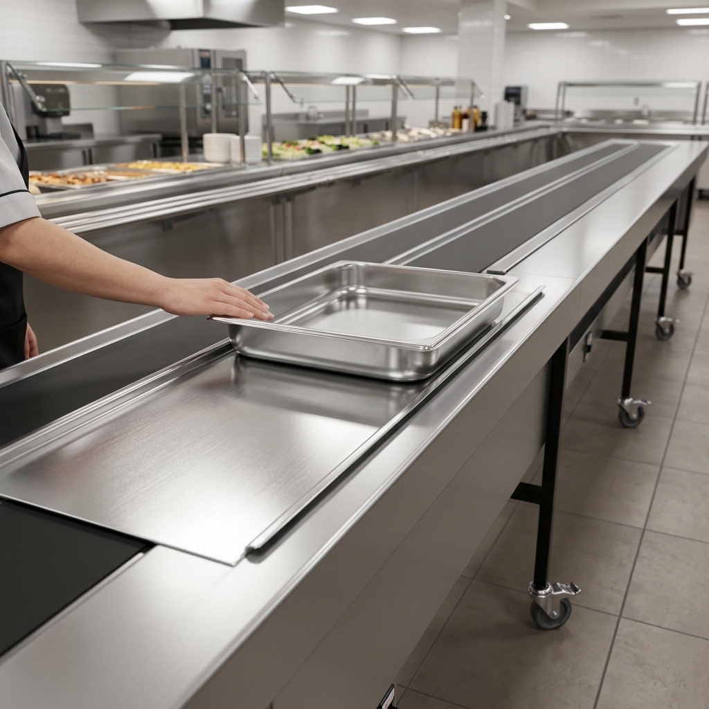 Observe the 'Air Glide' slider pan as it facilitates the effortless movement of trays and components along the conveyor surface.
